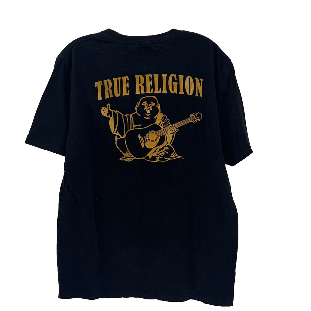 TRUE RELIGION Men's XL Black w/ Glitter Gold Buddha Graphic Short-Sleeve T-Shirt